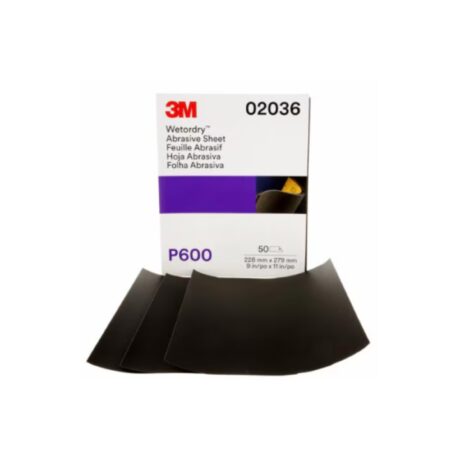 Hoja abrasiva 3M™ Wetordry™ 213Q, 02036, grano P600, 9 × 11 pulgadas, 50 hojas por cartón, 5 cartones por caja.