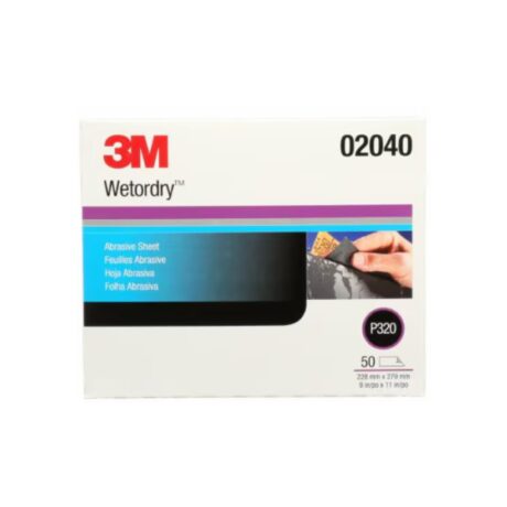 Hoja abrasiva 3M™ Wetordry™ 213Q 02040, grano P320, 9 × 11 pulgadas, 50 hojas por cartón, 5 cartones por caja.