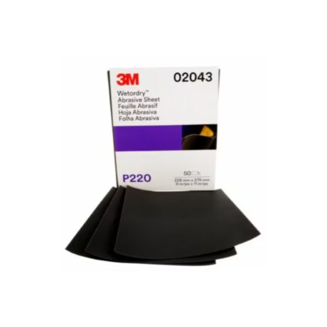 Hoja abrasiva 3M™ Wetordry™, 02043, grano P220, 9 × 11 pulgadas, 50 hojas por cartón, 5 cartones por caja.