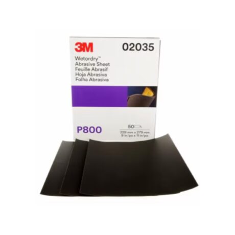 Hoja abrasiva 3M™ Wetordry™ 213Q, 02035, grano P800, 9 × 11 pulgadas, 50 hojas por cartón, 5 cartones por caja.